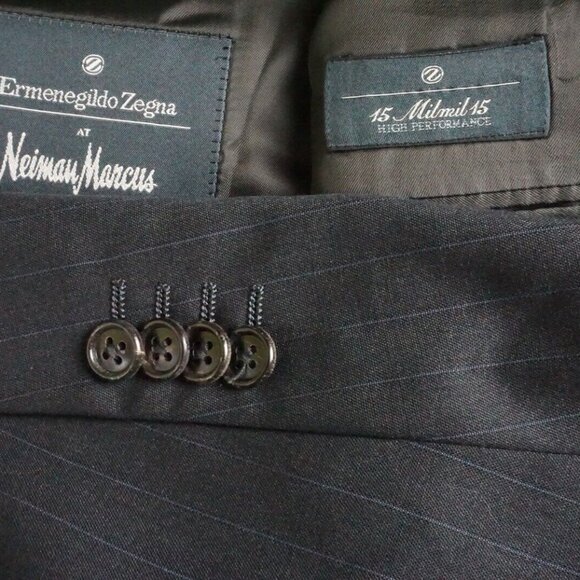 Ermenegildo Zegna 15mil Charcoal Blue Pinstriped Wool 2 Pc Suit Jacket Pant 42R